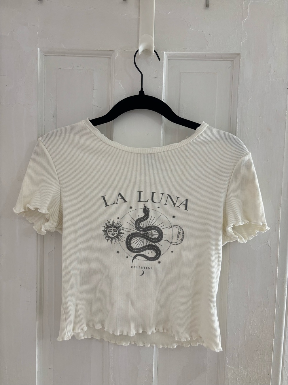 Princess Polly La Luna Ribbed Graphic Crop Top - Cream